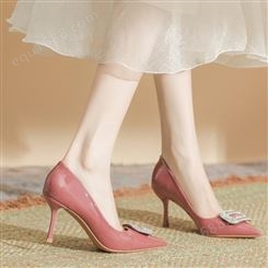 H763-12羊皮内垫夏季细跟高跟鞋女新款尖头纯色方扣水钻时装女鞋