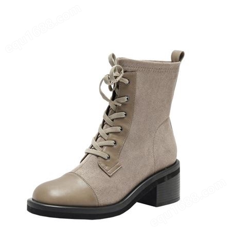 马丁靴女2023年新款秋季复古系带薄款单靴女中跟短靴圆头弹力靴