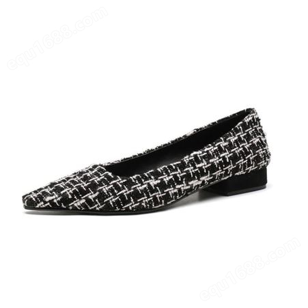 1502-A千格鸟黑白布纹尖头女鞋矮跟平底小香风时装单鞋夏季单鞋女