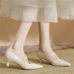 H685-6羊皮内垫尖头玛丽珍单鞋女细矮跟纯色日常通勤高跟鞋女新款